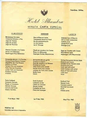 Hotel Alhambra Menu 1963 Granada Spain Minuta Carta Especial