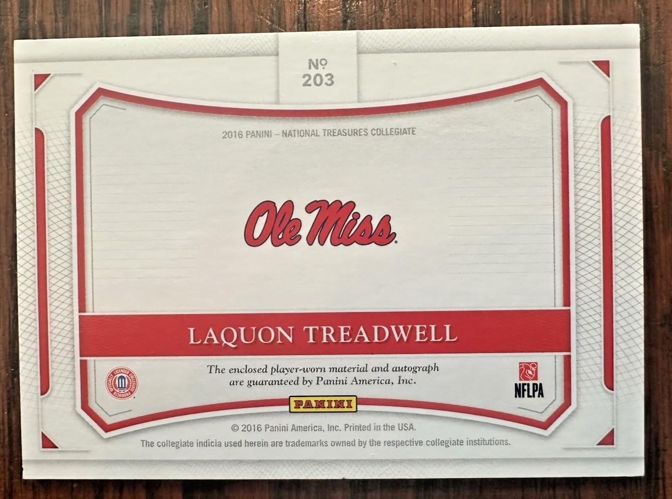 2016 National Treasures Collegiate LAQUON TREADWELL Auto/Jersey Patch Card-13/99 view 1