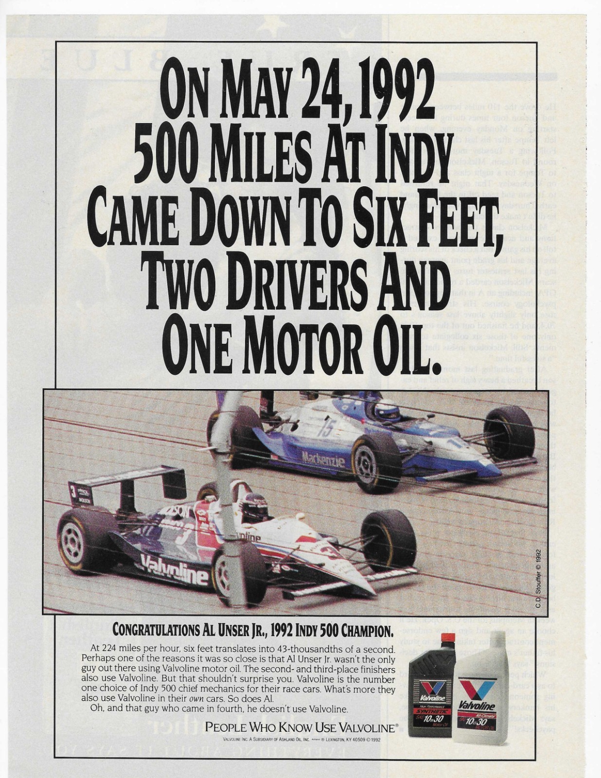 1992 Indy 500 Winner  Al Unser Jr.   Valvoline   Original Print Ad