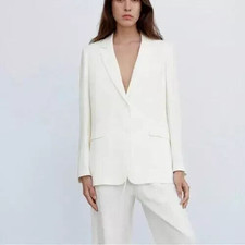 NEW 129 ZARA Women's Oyster White Flowing BLAZER Jacket XS