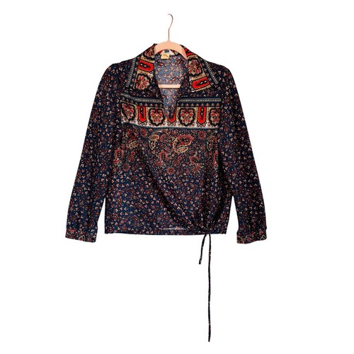 Vintage 70s Floral Paisley Poly Henley Collar Mardi Modes Size Large