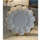 Vintage White Milk Glass Deviled Egg Plate Gold Trim Scalloped Serving Platter