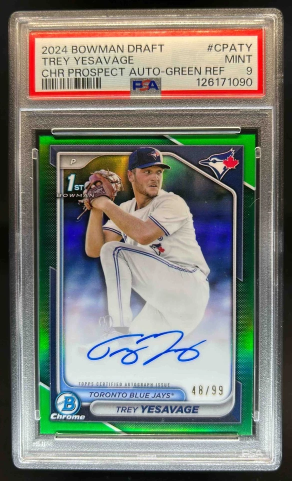Bowman Draft Trey Yesavage 2024 cromo refractor verde automático primer #48/99 PSA 9