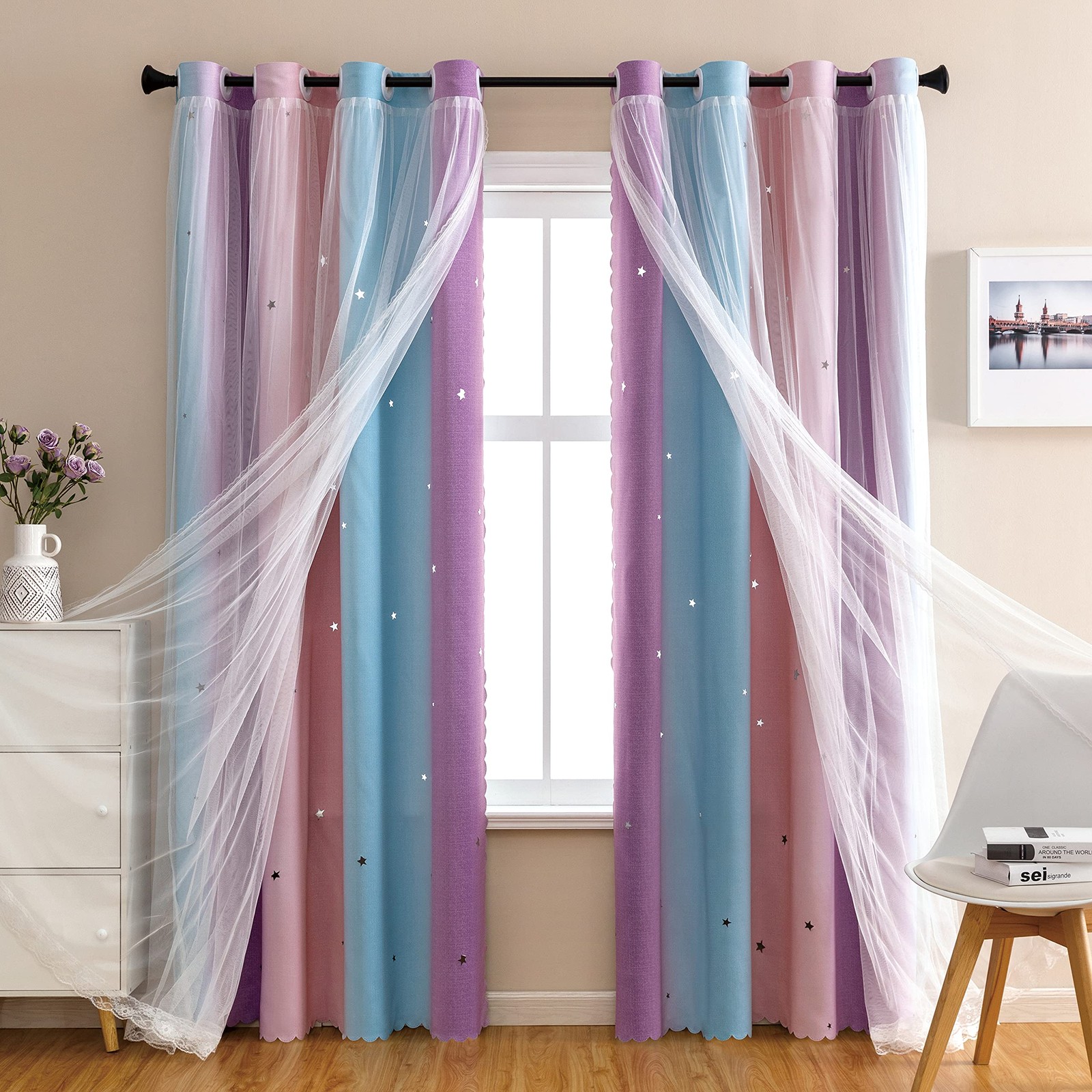 Rideaux occultants étoiles bleu marine Dream Star pour chambre d'enfant 140x240 cm