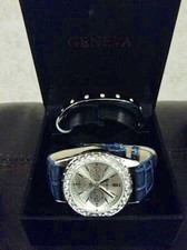 NIB GENEVA Crystal Bezel Faux Blue Leather Band Watch matching Bracelet Ladies
