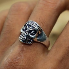 Silver Pirate Ring Oxidized Skull Design: Gothic Punk Statement, Hammered