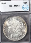 1888 ICG MINT STATE SLABBED MORGAN 90% SILVER DOLLAR*GEM BU*TONER BOTH OBV & REV