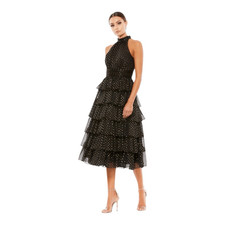 Mac Duggal Black Gold Metallic Polka Dot Tiered Midi Dress Size 14