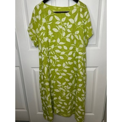 Linen Dress Size 18 Green White Leaf Print Pockets Casual Summer Womens  Stretchy | eBay