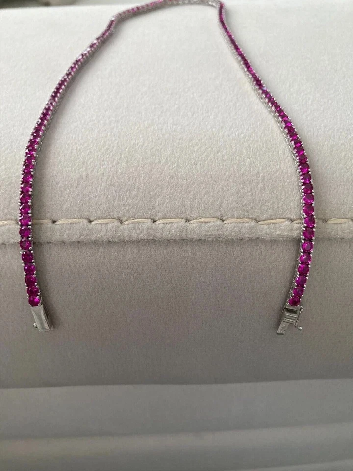 18 克拉圆形切割实验室红色红宝石网球项链 14K 镀白金 — 第 4/4 张图片