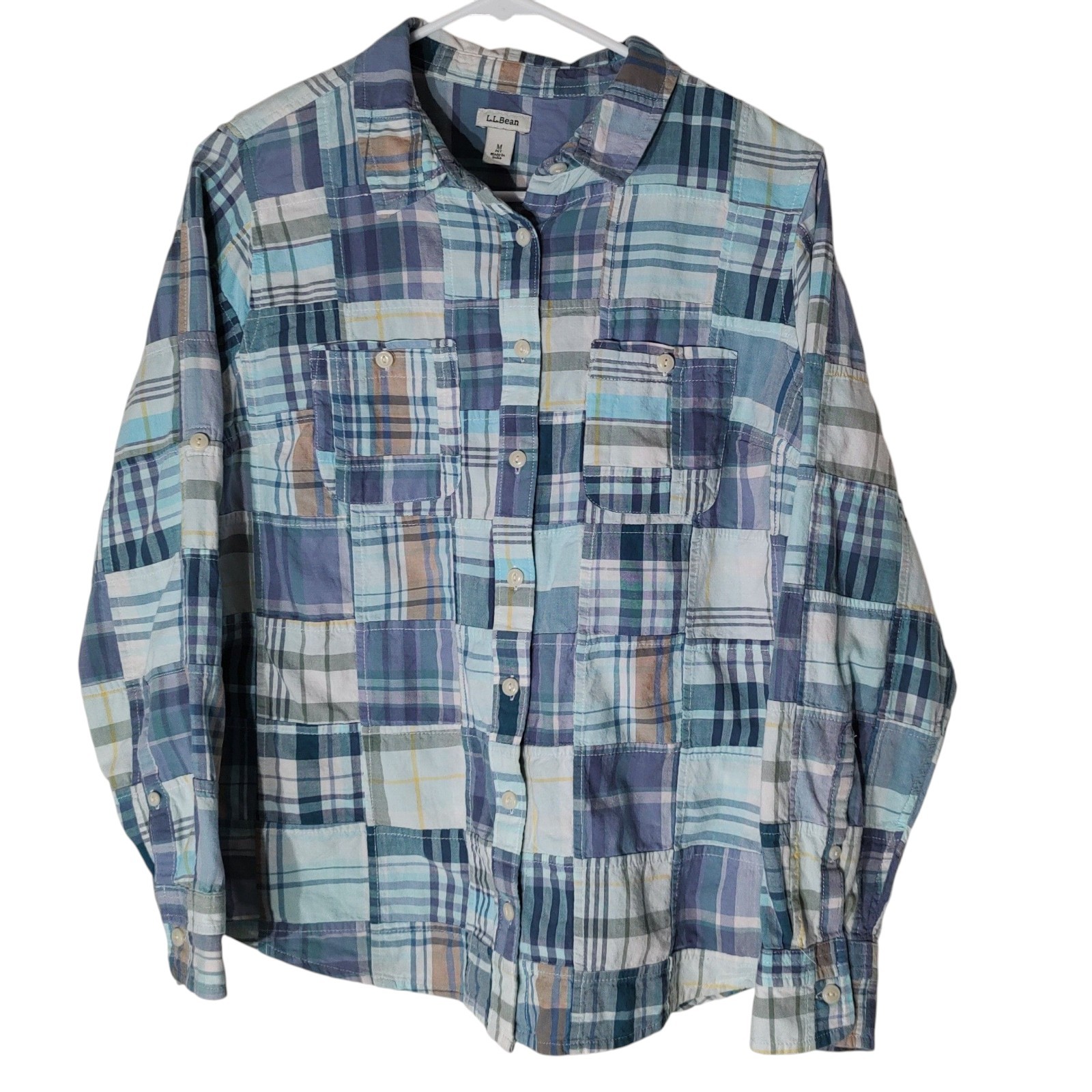 LL Bean Patchwork Madras Plaid Button Up Top Long… - image 3