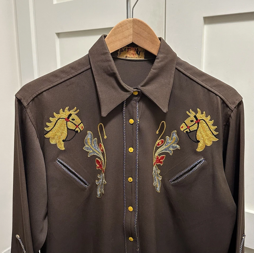 Vintage 40s Gabardine Western Shirt Rodeo Horse Cowgirl Chainstitch Buffalo USA - Image 2 of 4