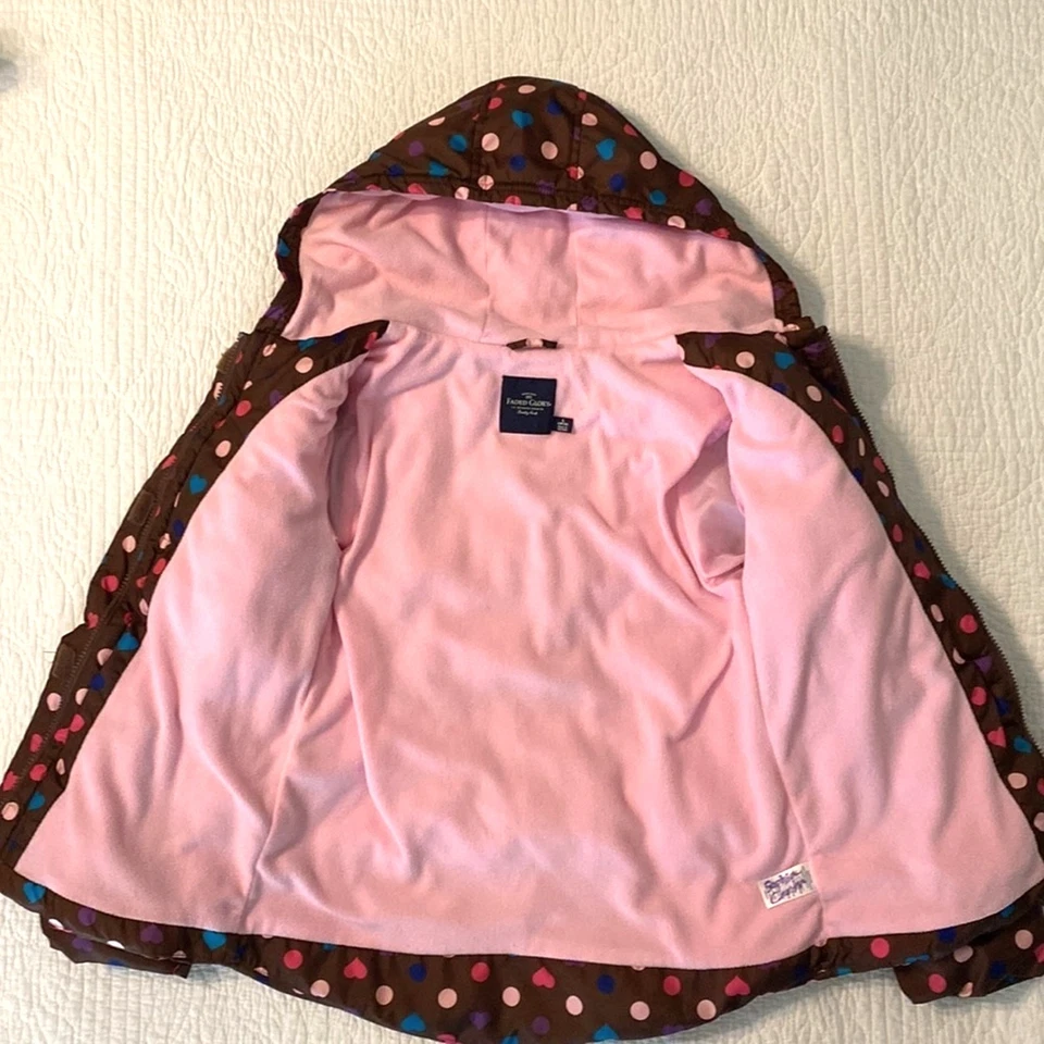 FADED GLORY Girls Sz L 10-12 Brown Puffer Coat Jacket Pink Polka Dots & Hearts - Image 4 of 4