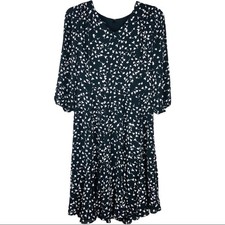 Talbots black white ditzy floral ruffle chiffon midi 3/4 sleeve dress 2P