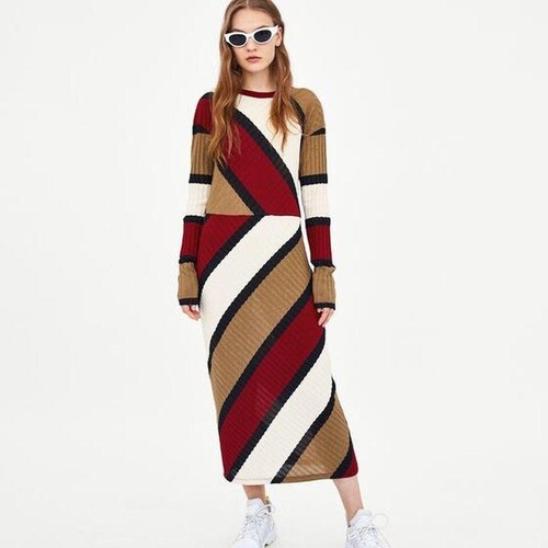 Ribbed Striped Midi Dress Sz 