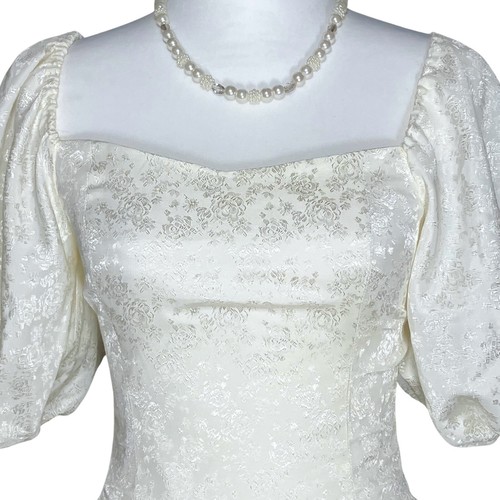 Vintage 80er Handarbeit kurz cremeweiß Retro Hochzeit Ballkleid Puffärmel Schleife XS - Bild 5 von 7