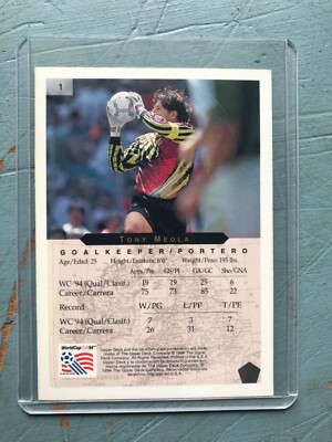 TONY MEOLA (USA) 1994 UPPER DECK WORLD CUP SOCCER CARD #1 Item #1