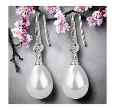 Classic White Pearl Briolette Crystal Beaded Silver Hook Pierced Dangle Earrings