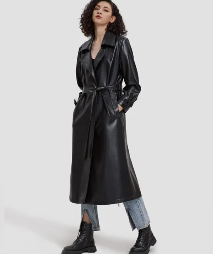 Lattelier Women's Faux PU Leather Belted Trench Coat in Black Size