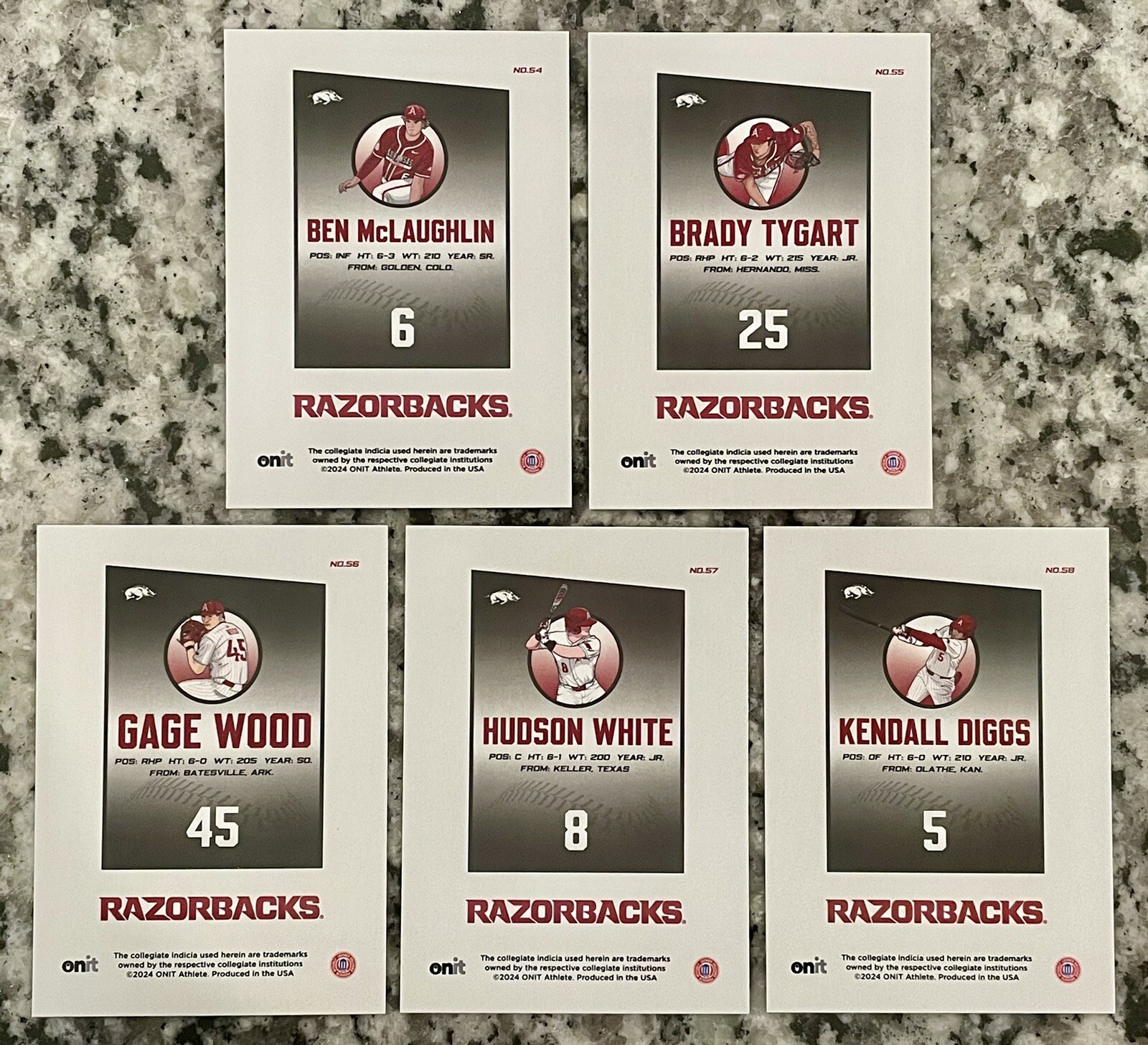 Arkansas Razorbacks Baseball 2024 Onit Athlete Complete 5 Card Icon ...