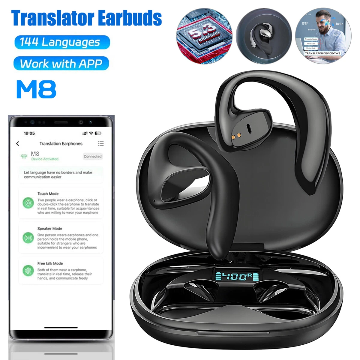 Traduttore Auricolare In Tempo Reale M8 Language Translator, Smart 144 Lingue Auricolari Ad Alta Precisione Dispositivo Wireless Bluetooth Bidirezionale Auricolari Paxa Traduttore - Foto 2