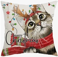 Kitty Cat Winter Christmas Linen Throw Pillow Cover 18x18 Winter Holiday Decor