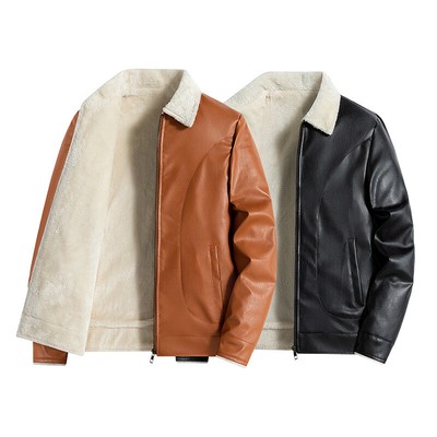 Retro Western Style Mens PU Leather Faux Lamb Fur Lined Zipper Short Coat Jacket