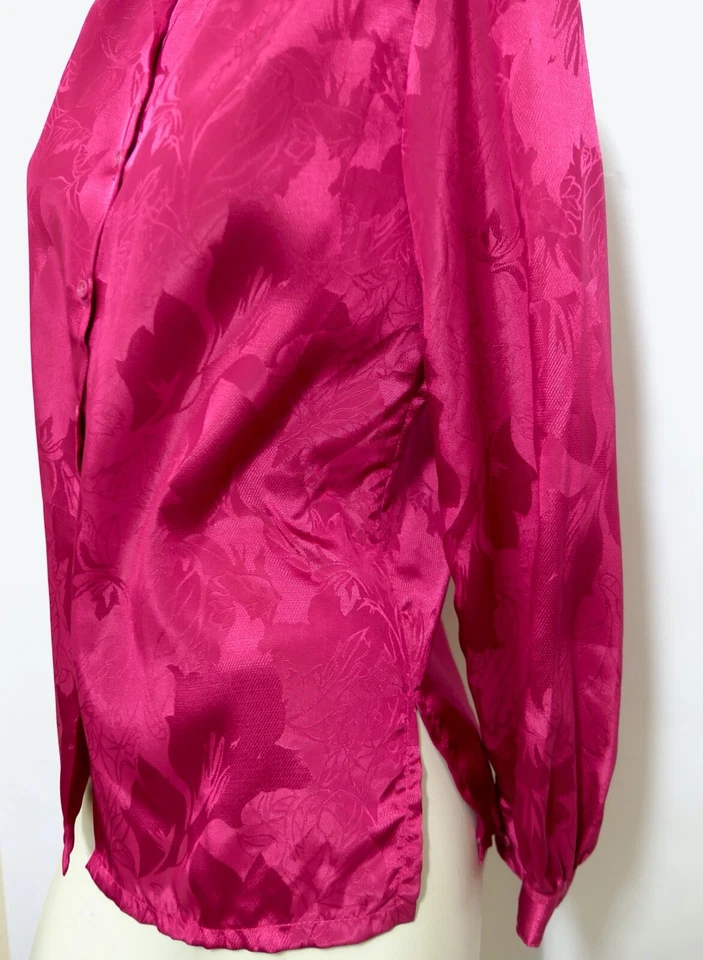 Blusa Top Mod Vintage Años 70 80 Mezcla Seda Brocado Floral Caliente Botón Magenta S Foto 4 de 4
