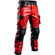 Men's Genuine Cow Soft Red And Black Leather Biker Pant With Cargo Pockets
