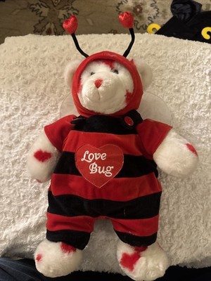 Build A Bear Valentine Bear Plush White Fur Red Hearts Love Bug Hoodie 16 inch