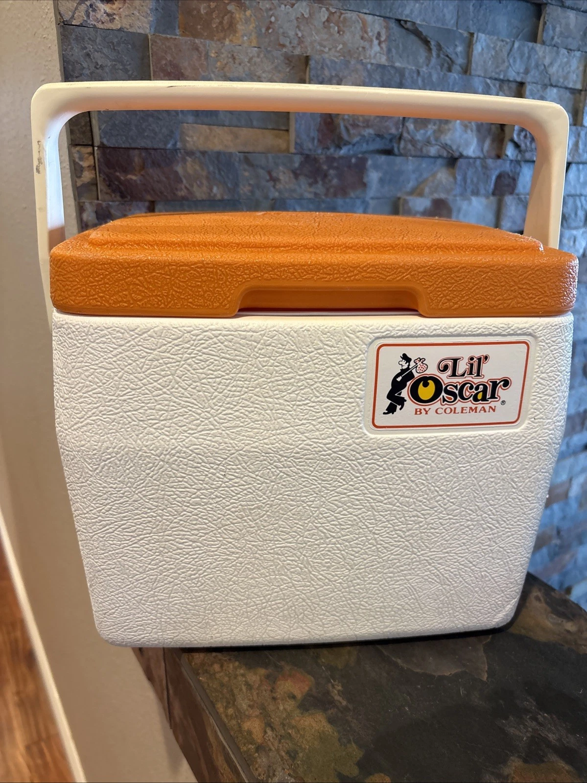 Vintage Lil' Oscar by Coleman Small Orange & White Cooler With Drink Holder Lid