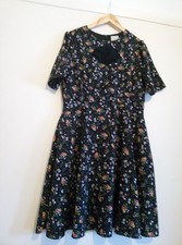 Joanie navy blue Floral bird Print A-line Tea Dress size UK 14 faux cutout panel