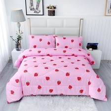 3PCS Twin Size Strawberry Comforter Set, Pink Bed Set Bed in a Bag, Princess ...