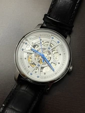 Reign Belfour Watch Automatic Skeleton Silver Face Blue Hands Black Leather Band