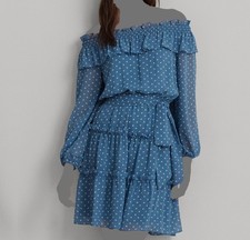 Lauren Ralph Lauren Women's Blue Polka Dot Off-Shoulder Georgette Dress Size 14