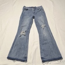 Express Jeans High Rise Crop Fray Flare Womens S 0 to 4 Blue Destroyed Stretch