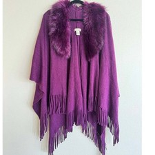 Young USA Purple Faux Fur Collar Fringe Poncho Wrap Boho Vintage Fairy Winter