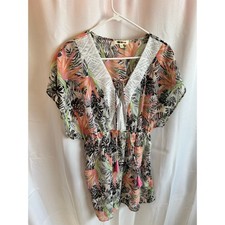 Miken Swim Tropical Beach Cover Up Lace Pink Tassels Black Green Size Medium