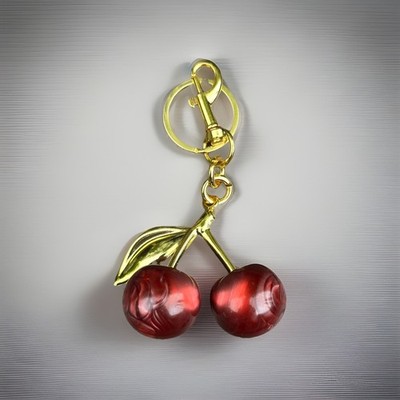 Marbled Deep Cherry Red Bag Charm Keychain Gold Tone Pendant + Velvet Dust Bag