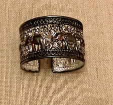 Vintage Elephant Bracelet Cuff Filigree Silver Tone Wide Statement Patina Sz 7"