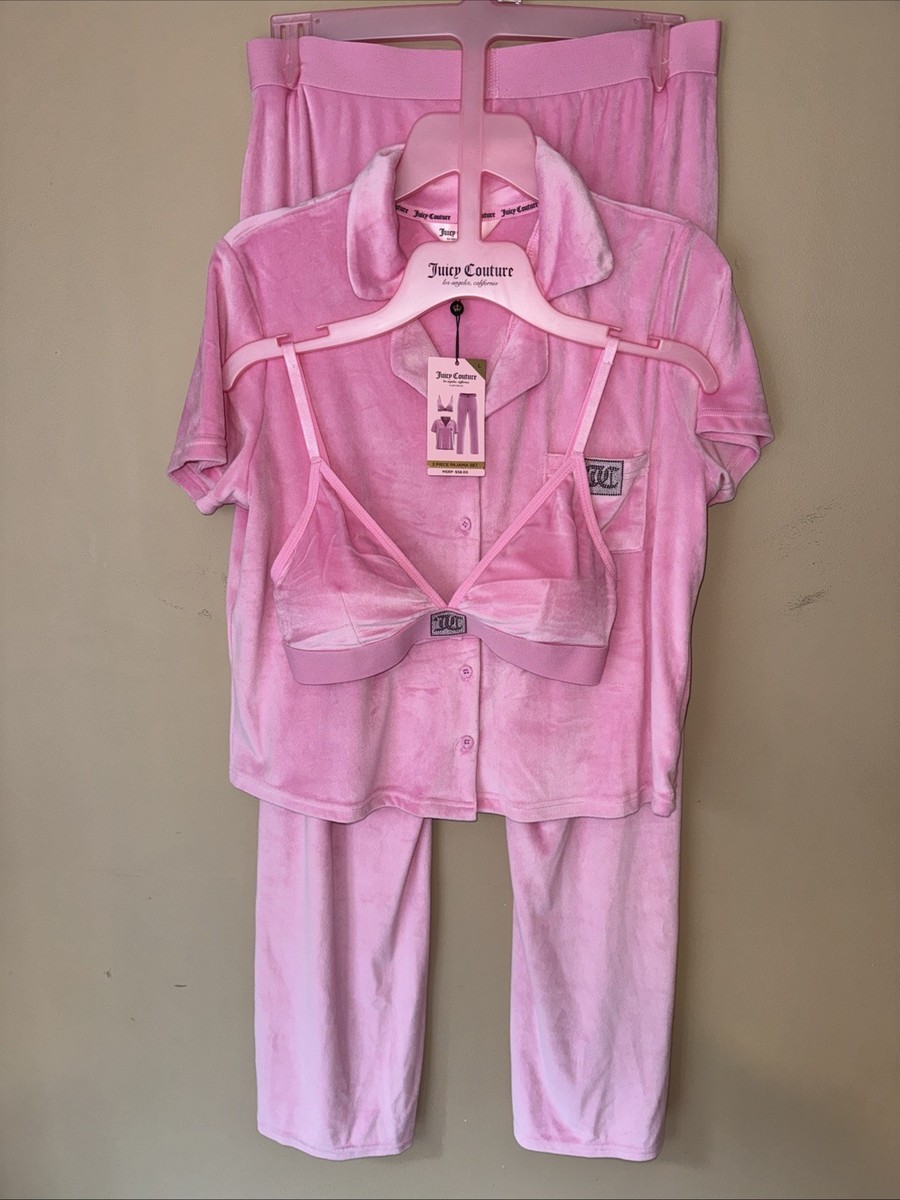 NWT Juicy Couture Pink Velour 3 Piece Rhinestone Pajamas Pants And
