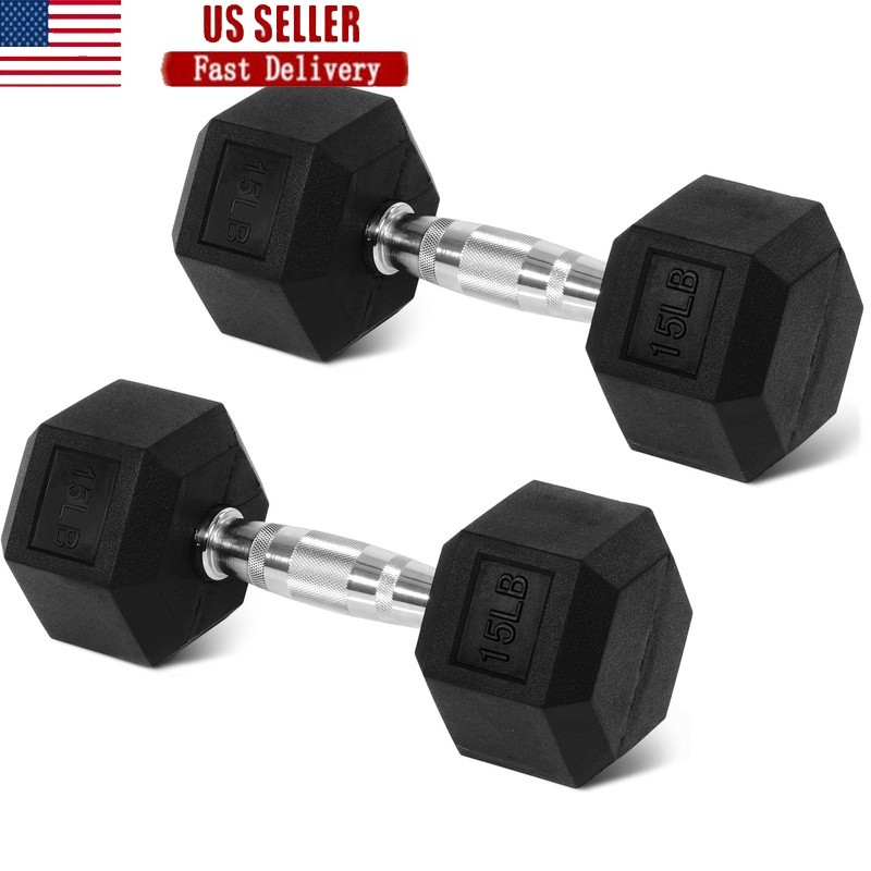 15LB Hex Rubber-Coated Dumbbell Set Anti-Slip Cast Iron Home Gym Weights US