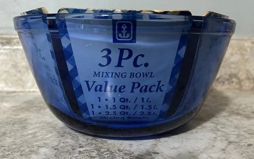 VTG Anchor Hocking Cobalt Blue Glass Mixing Bowls 3pc Nesting Original Packaging