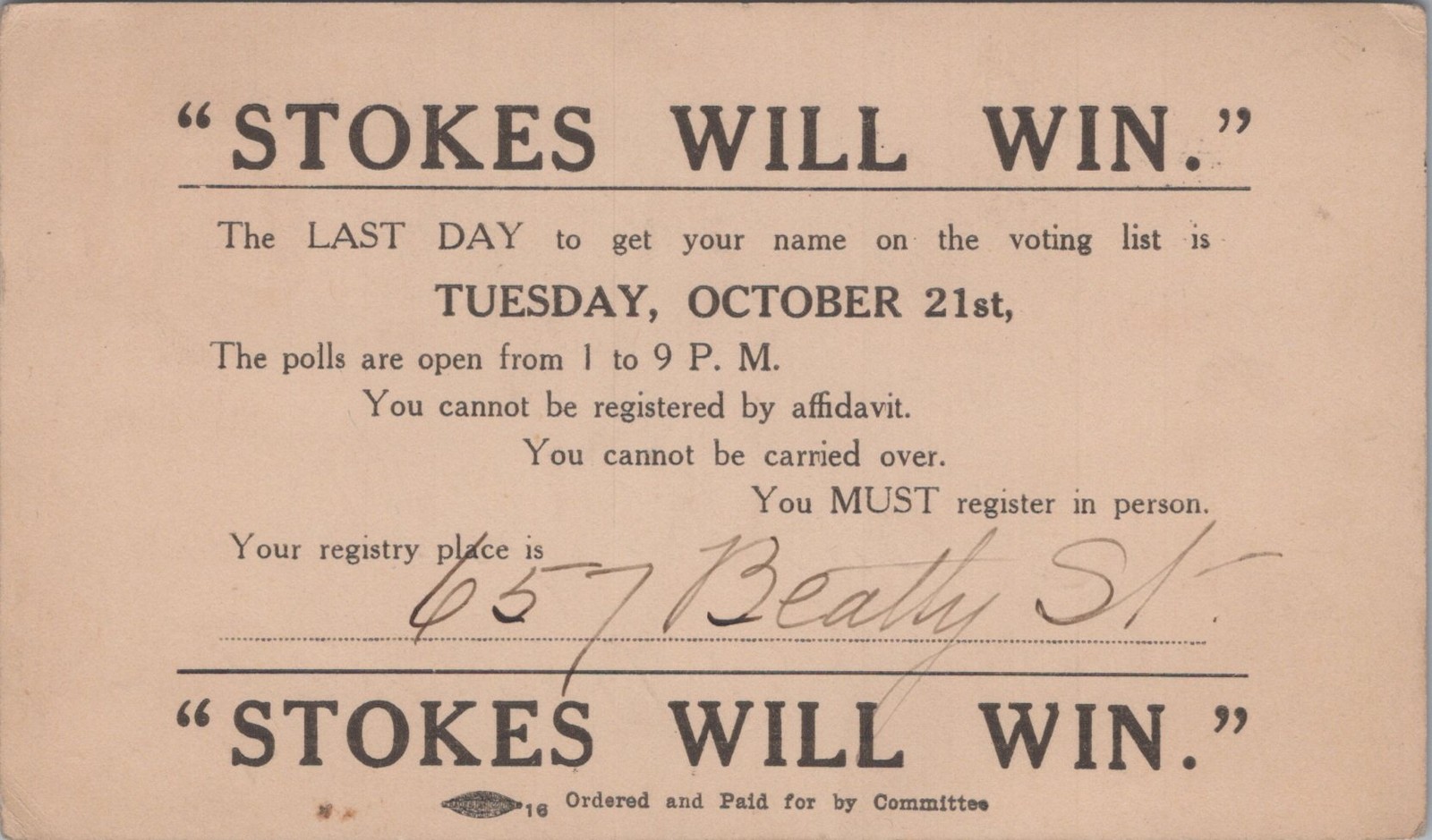 1913 Edward C Stokes Trenton Nj Will Win Governor Election Voter Registration Ad