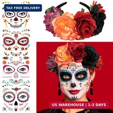 4 Kits Day of the Dead Makeup Face Tattoos for Men and Women with 1 Rose Red Flo