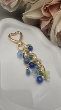 Handmade Blueberry Bag Charm Blue Floral Beaded Purse Keychain Heart Clasp