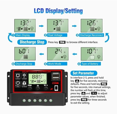 30A/100A Solar Panel Battery Charge Controller 12V/24V LCD Regulator Auto w/ USB - Picture 7 of 16