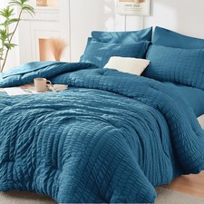 Teal King Size Comforter Set Seersucker 7 Pieces, All Season Luxury Bed in a Bag