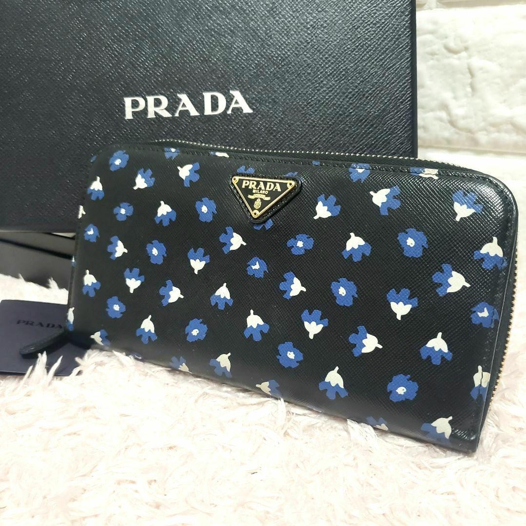 PRADA Saffiano Floral Round Zipper Long Wallet in Excellent Condition