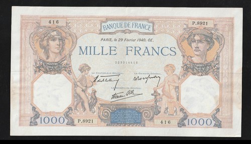 France, 1000 francs, 1940, P-90c, WWII, XF++ Banknote - 第 1/2 張圖片